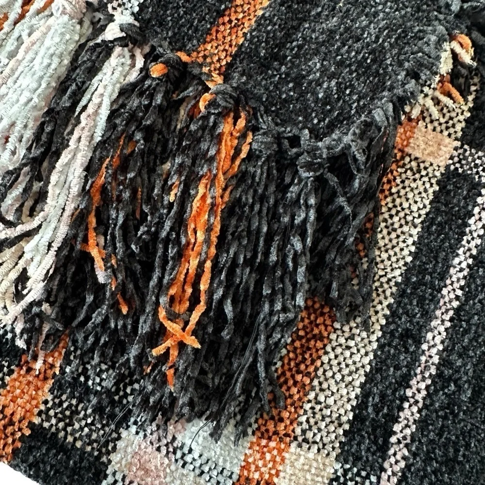 Nine West Cozy Black and Orange Oversized Fringed Scarf